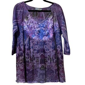 Unity women’s size 1X purple print 3/4 sleeve silky insert v neck top